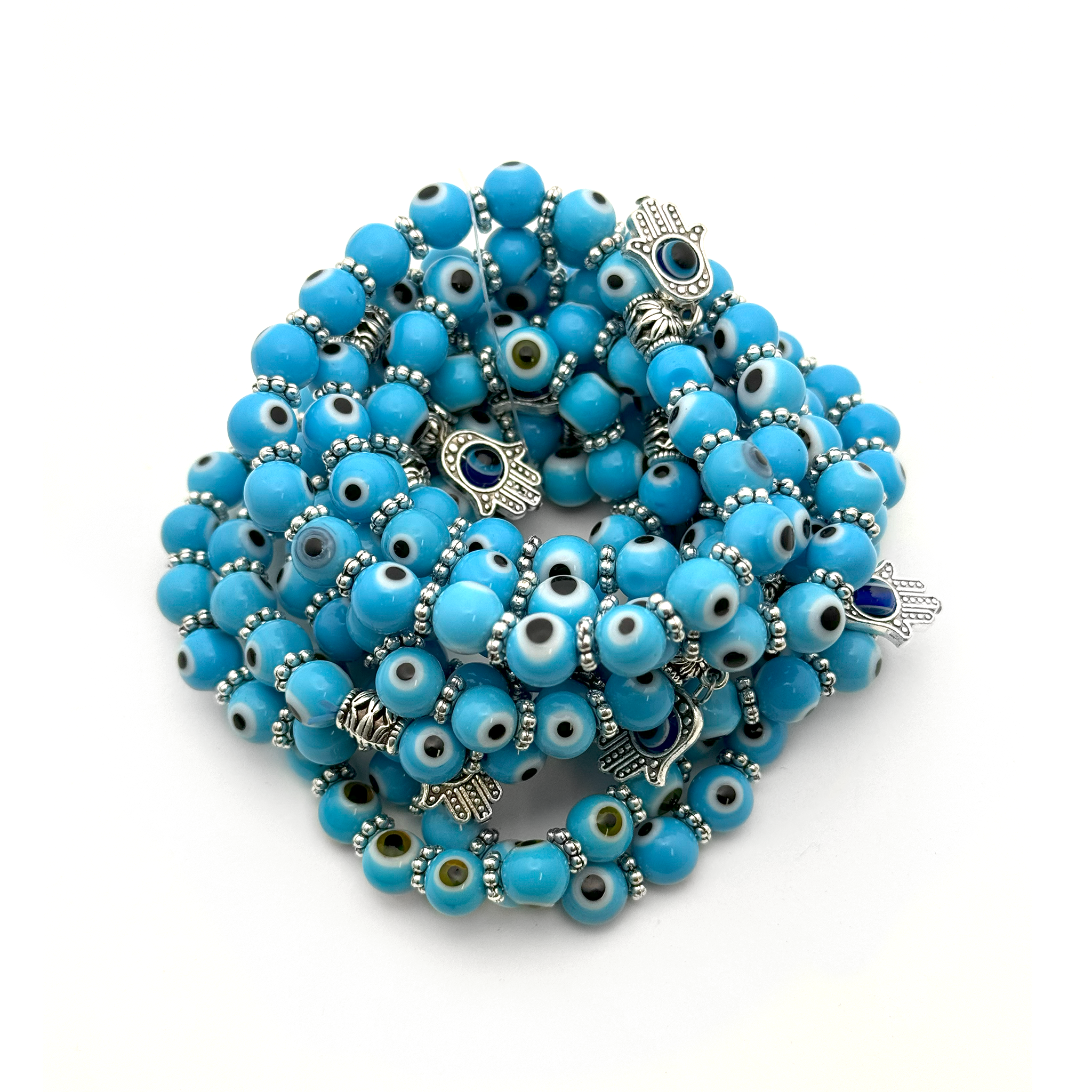 Evil Eye Beaded Bracelet 8mm - Light Blue - 10 Pcs