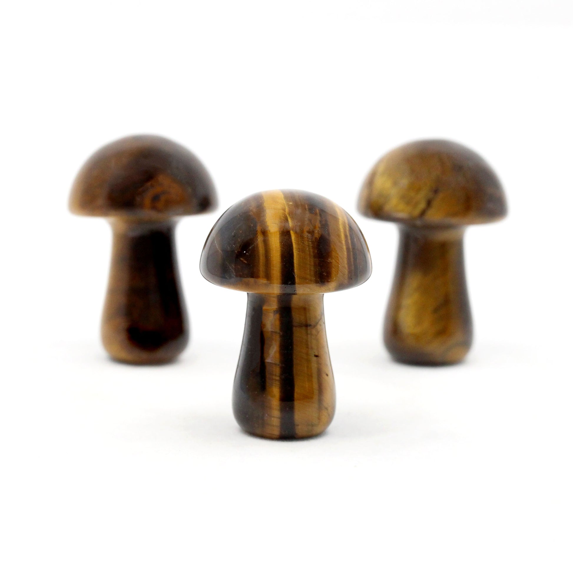 Three yellow tiger eye mushroom carving on a white background